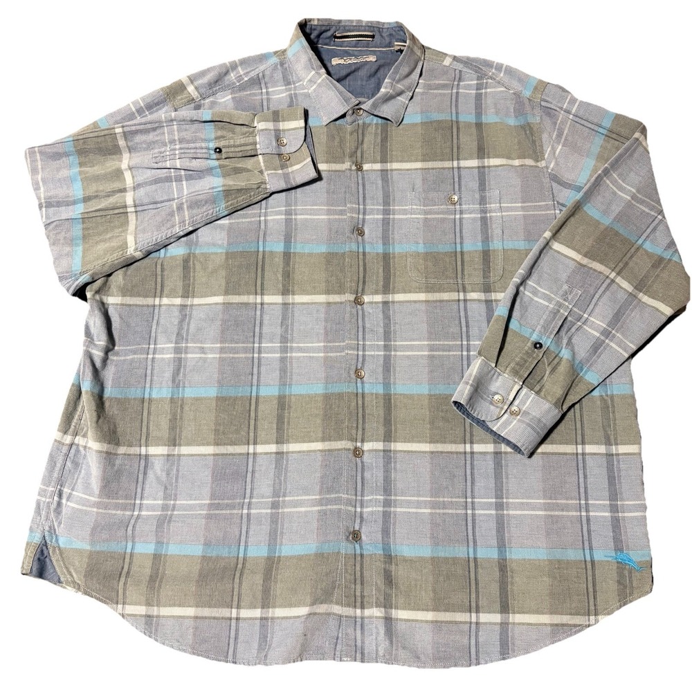 Tommy Bahama Coastline Cord‎ Corduroy Shirt Mens 2XLB Blue Plaid Long Sleeve